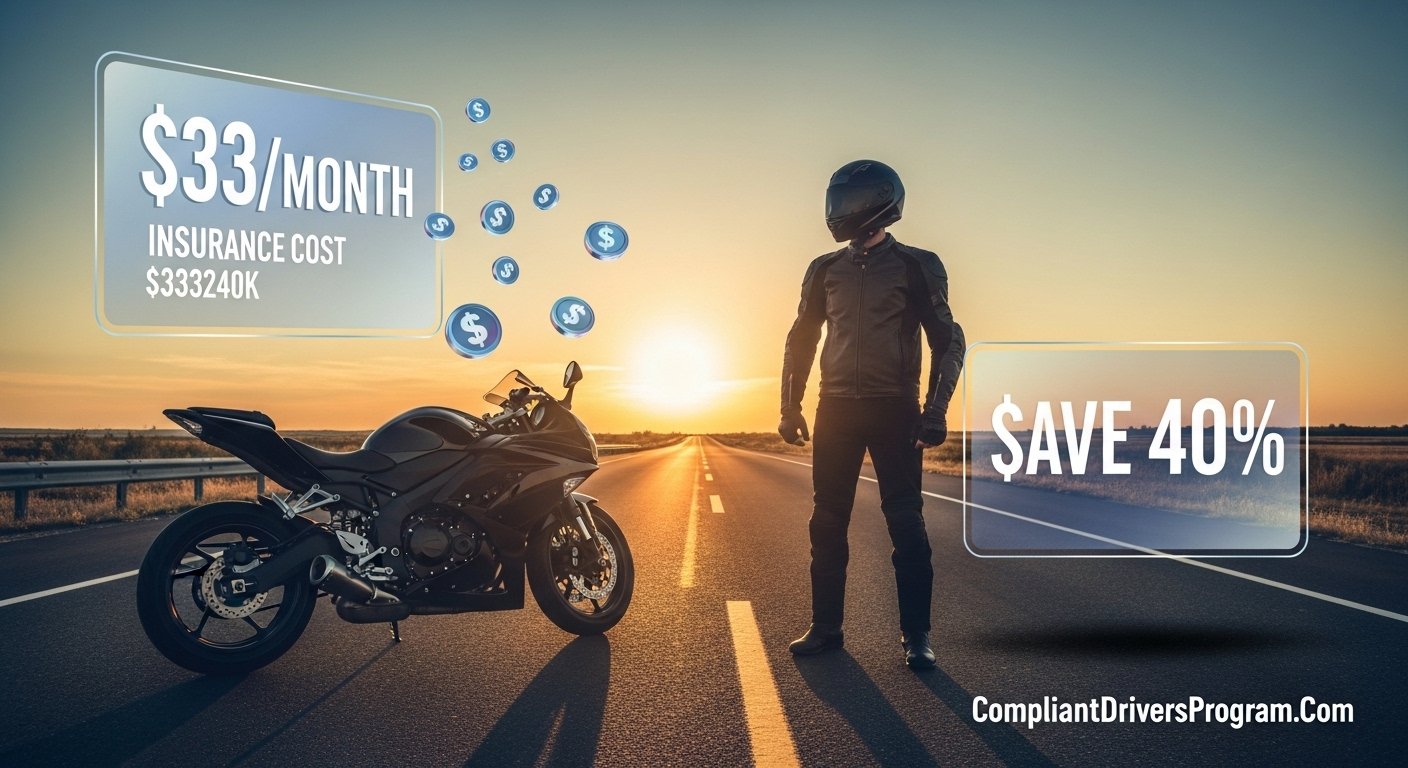 Motorcycle rider checking insurance costs with calculator overlay showing monthly premiums and savings