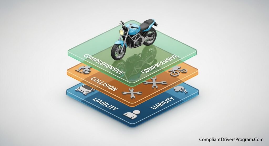Three-layer infographic showing liability collision and comprehensive motorcycle insurance coverage types