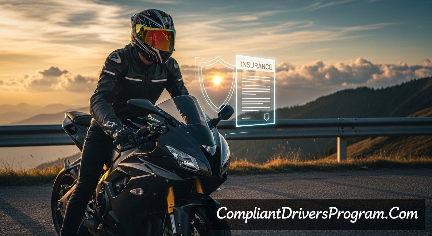 Motorcycle rider at sunset with insurance protection shield - Motorcycle Insurance Guide 2026