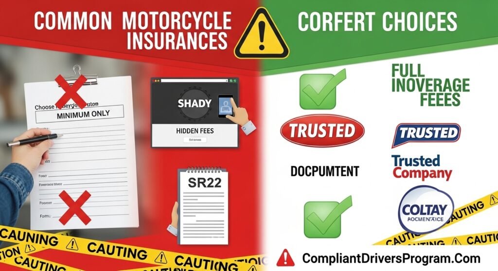 Warning image showing motorcycle insurance mistakes to avoid versus correct choices to make