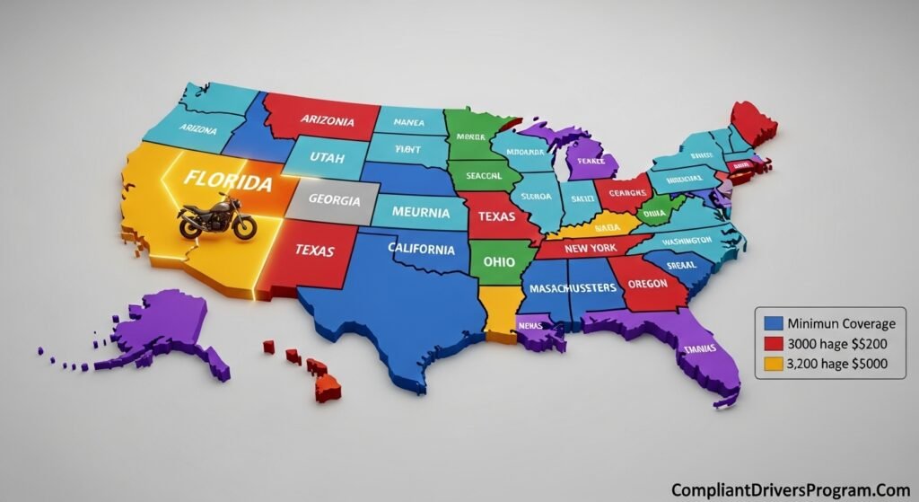 United States map showing motorcycle insurance requirements by state including Florida California Texas New York