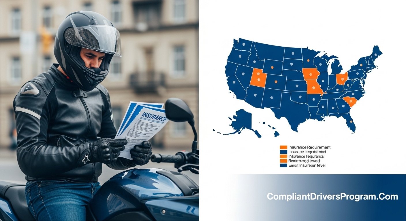 Motorcyclist checking insurance documents with state maps in background
