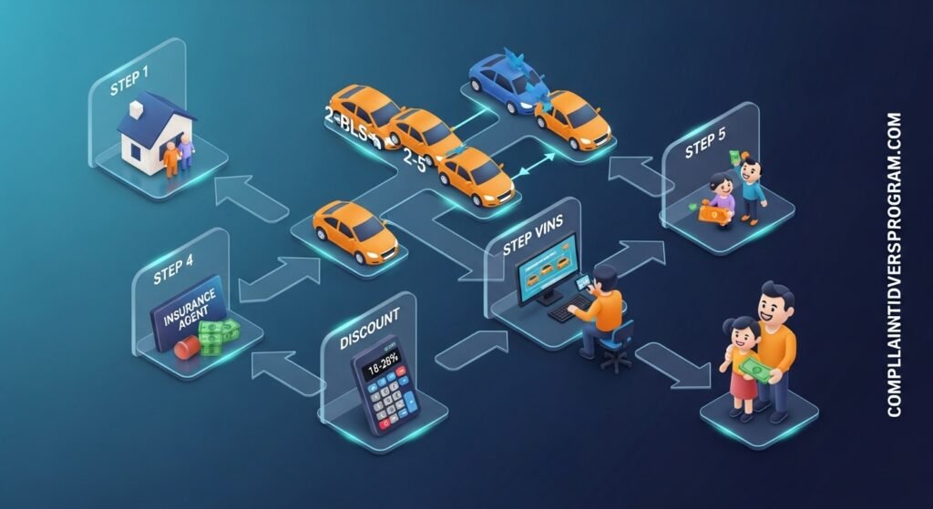 Step by step flowchart showing how multi car insurance discount calculation works