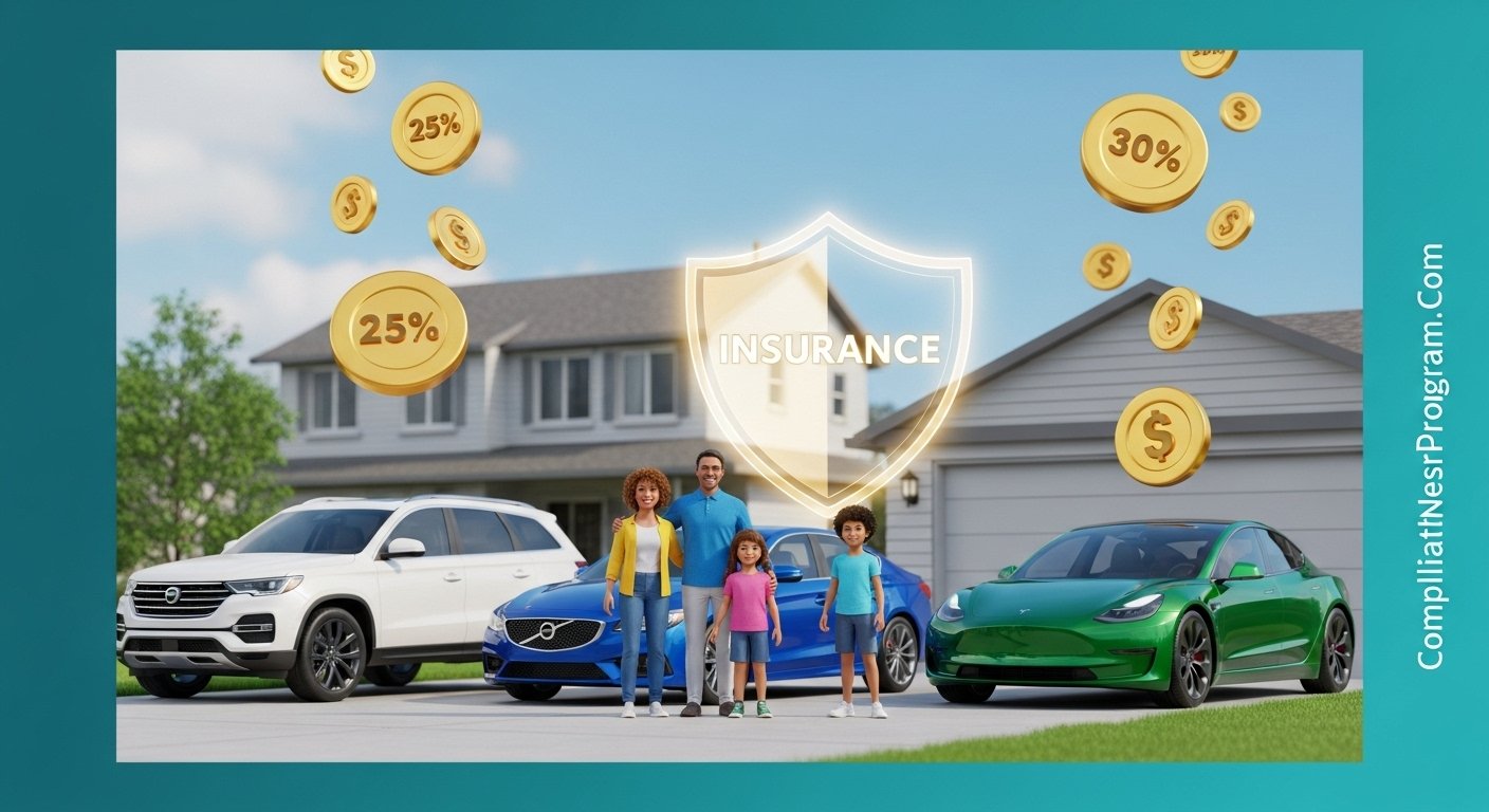 Happy family with multiple cars saving money with multi car insurance discount in 2026