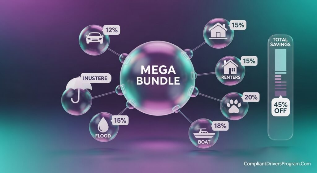 Insurance bundle diagram showing car home renters policies combined for maximum discount