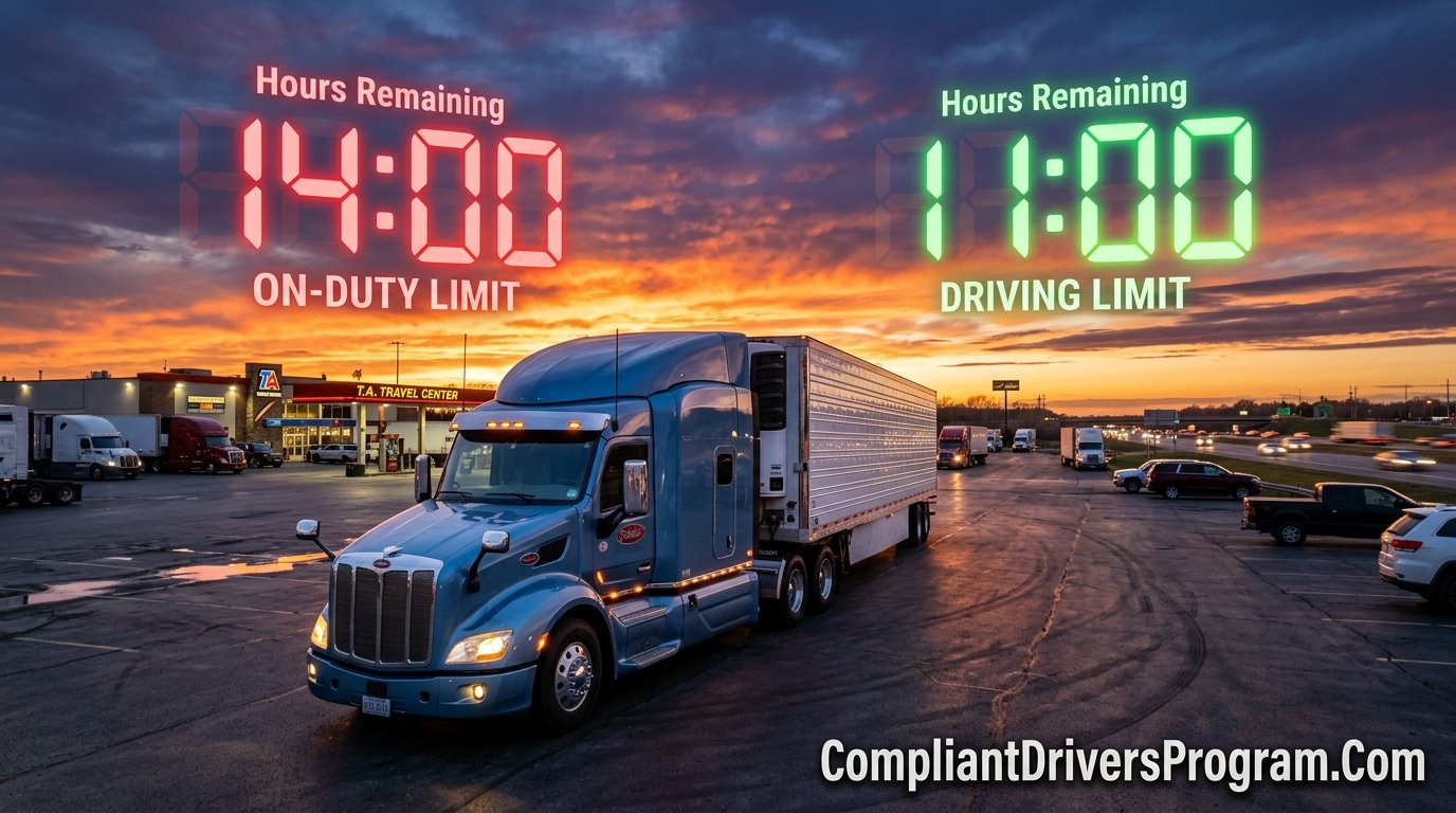 Semi truck at sunset with digital 14 hour and 11 hour countdown clocks displayed in the sky representing DOT driving limits