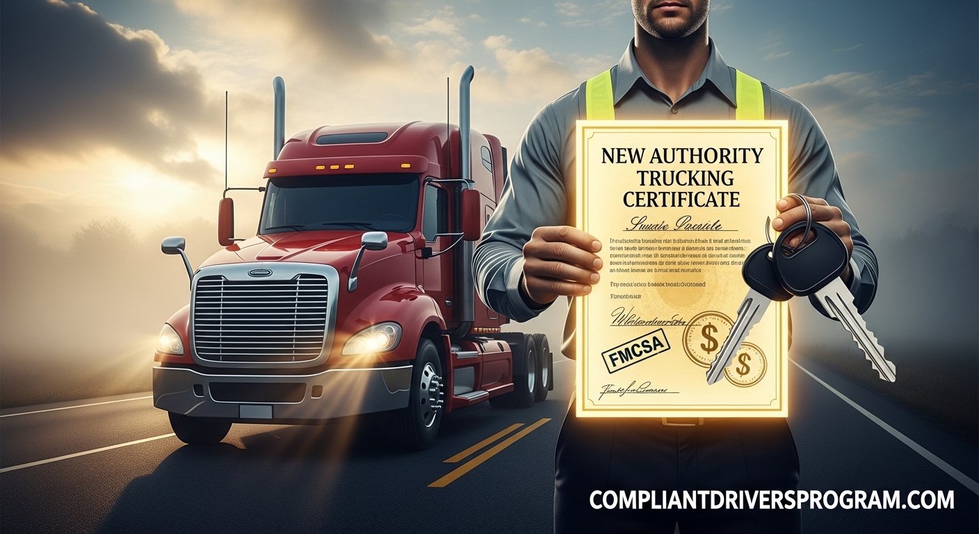 Shiny semi truck with new authority insurance certificate for startup trucking success