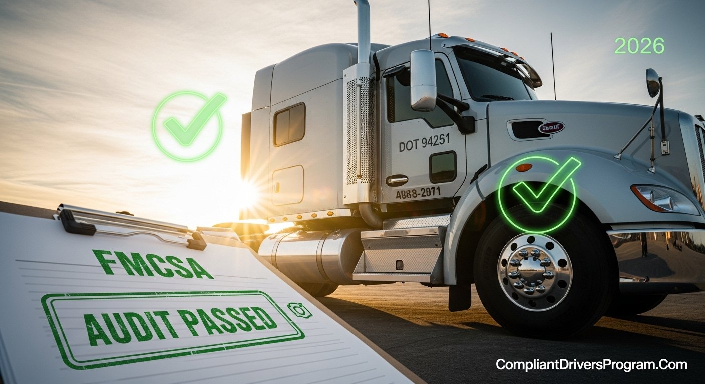 New semi-truck with FMCSA audit passed stamp showing successful new entrant safety audit completion for 2026