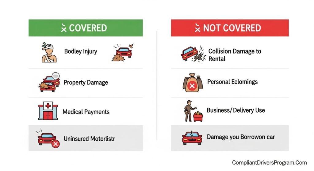 Comparison chart showing what non-owner car insurance covers versus what it does not cover