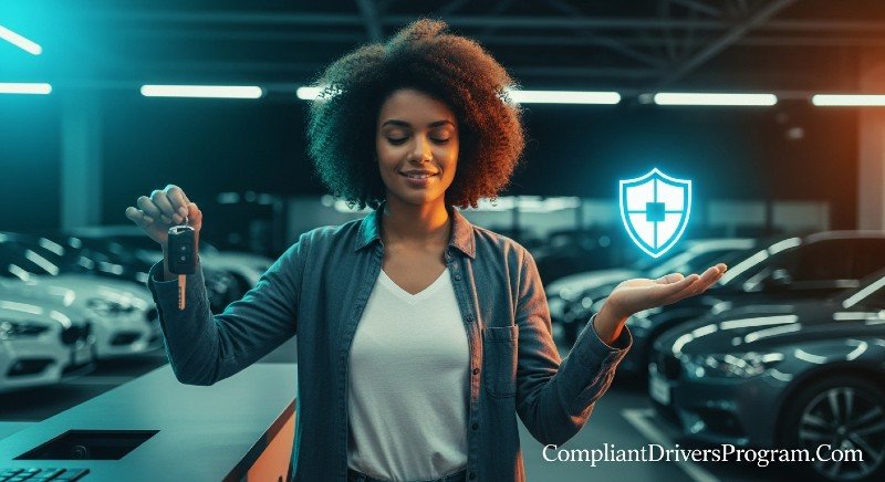 Young professional holding car keys with digital insurance shield symbol at car rental location representing non-owner car insurance coverage