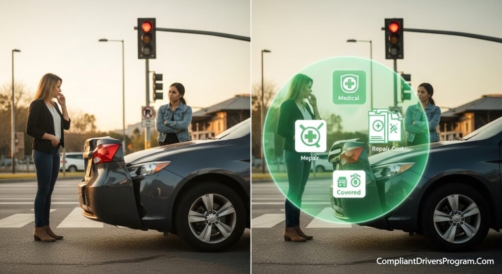 Split image showing car accident scenario and how non-owner insurance covers liability costs for medical bills and property damage