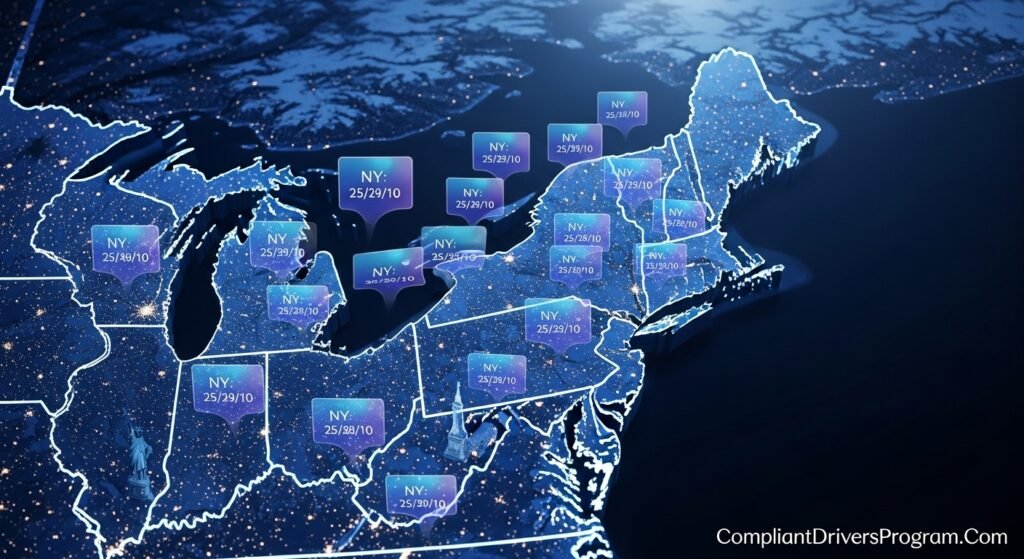 Interactive 3D map of Northeastern US states showing minimum car insurance requirements including New York, Massachusetts, Pennsylvania, and New Jersey