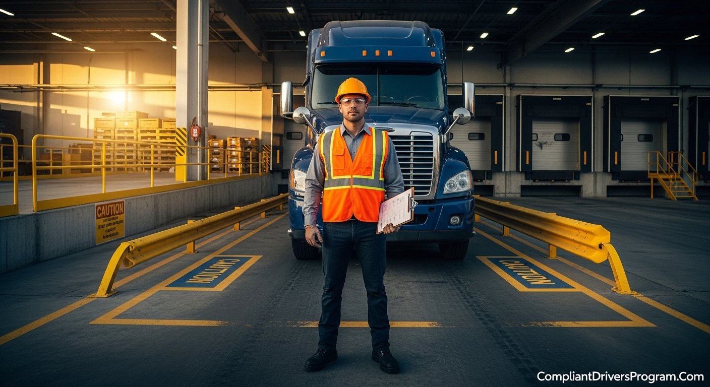 Truck driver wearing PPE safety vest hard hat and glasses standing at loading dock following OSHA trucking safety requirements