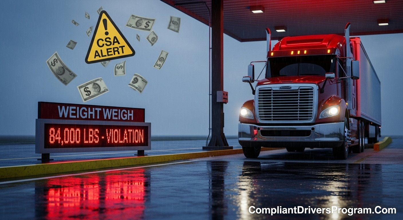 A semi-truck at a DOT weigh station at night with red enforcement lights and a high digital weight readout.