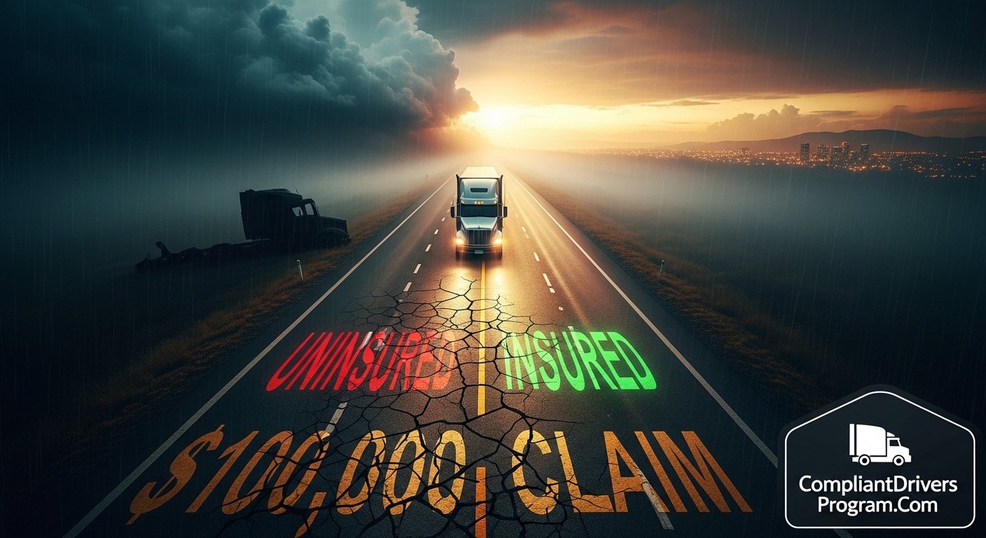 Owner operator at insurance crossroads choosing between protected business survival and financial disaster - complete 2026 coverage guide