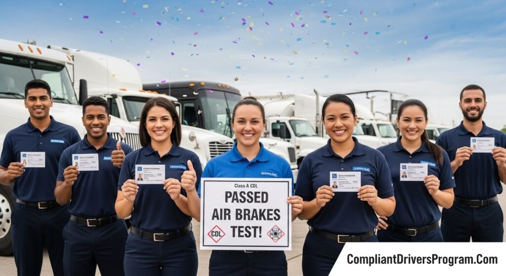 Happy new CDL holders celebrating passing air brakes test endorsement with commercial trucks
