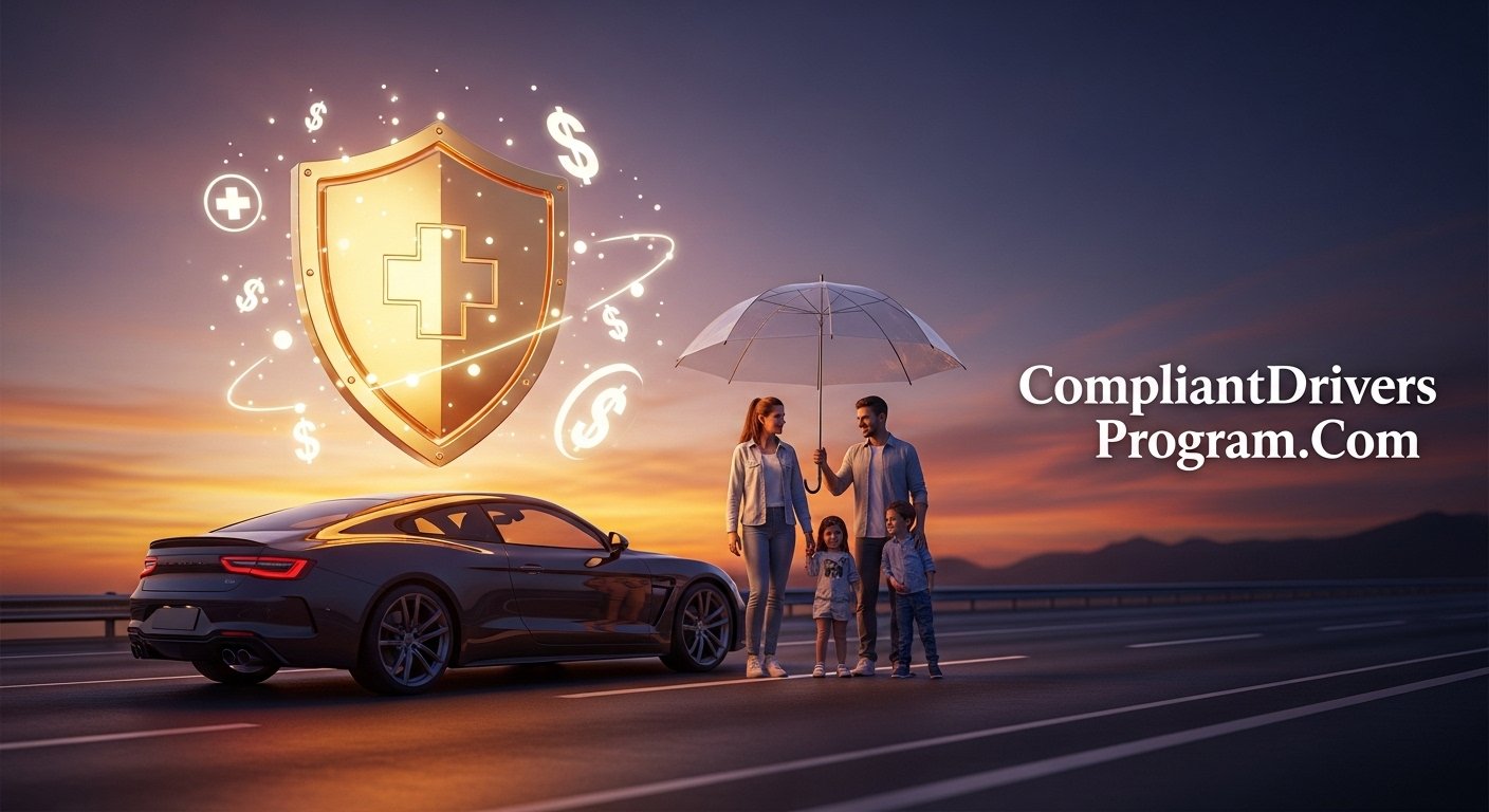 Personal injury protection PIP insurance shield protecting family and car with medical and financial symbols
