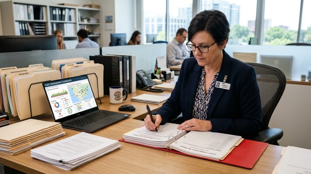 Trucking company preparing organized DOT compliance records for a DOT audit