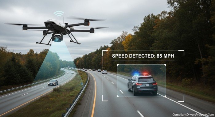 Police drone monitoring highway traffic speed in New York