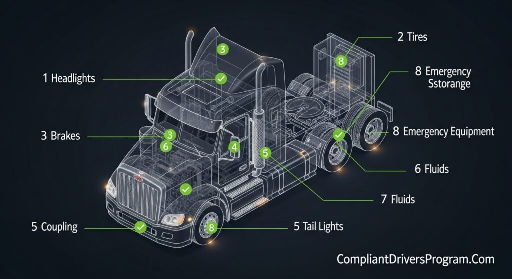 3D technical diagram of semi-truck showing all post trip inspection points with numbered callouts
