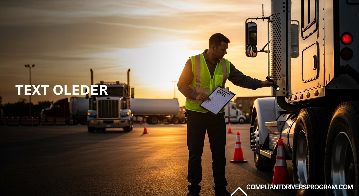Professional truck driver performing post trip inspection on semi-truck at sunset checking tires with clipboard and flashlight