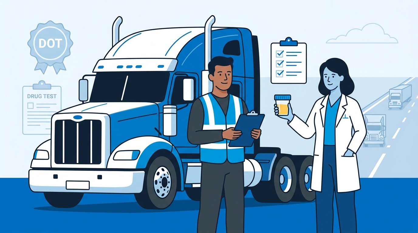 CDL truck driver standing next to a semi-truck with a medical professional holding a drug test sample cup representing the pre employment drug test CDL process