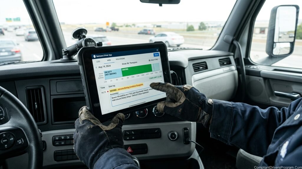 Truck driver entering HOS exception annotation on ELD device screen showing proper documentation process