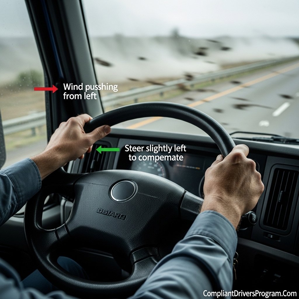 Truck driver hands gripping steering wheel firmly at 9 and 3 position during windy conditions