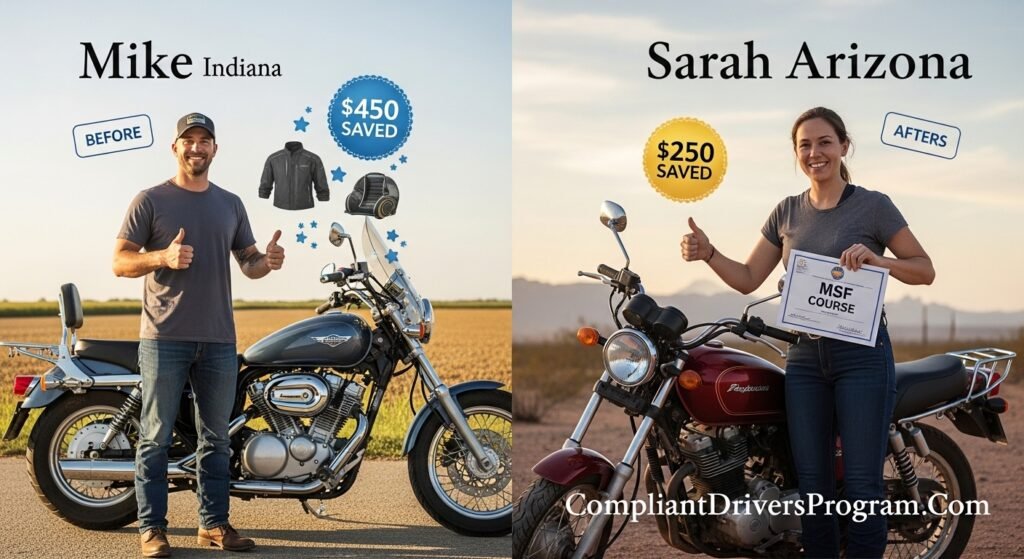 Happy riders Mike from Indiana and Sarah from Arizona celebrating motorcycle insurance savings of $450 and $250 - CompliantDriversProgram.Com