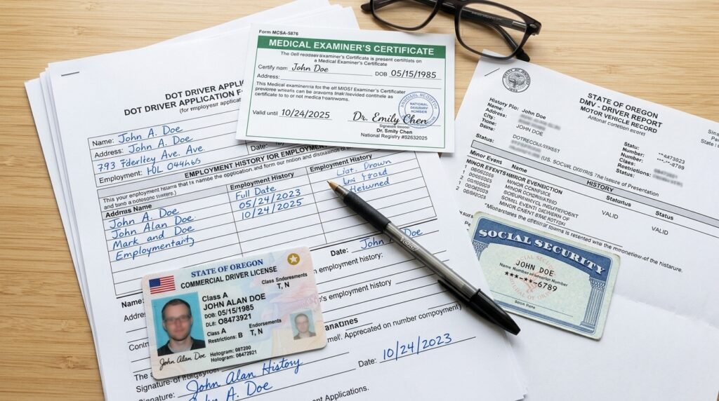 Stack of required DOT driver application documents including CDL medical card and employment forms