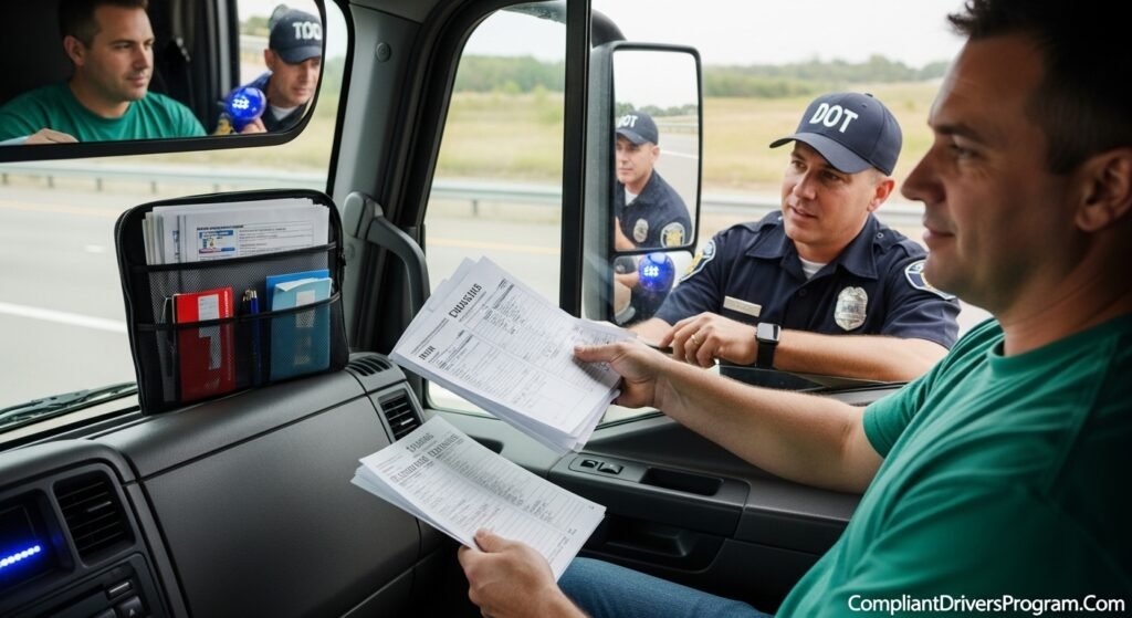 Prepared truck driver handing organized documents to DOT officer during calm roadside inspection