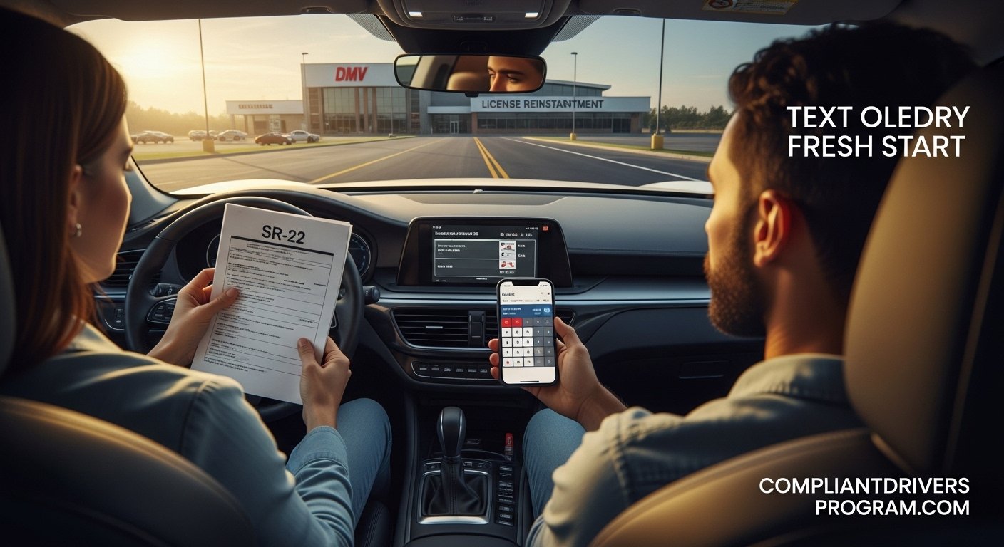 Driver holding SR-22 insurance documents and smartphone calculator at DMV parking lot - SR-22 State Cost Calculator Guide 2026