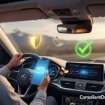 Happy driver celebrating safe driver discount savings of 40% on car insurance in 2026 with golden shield and money floating in modern car interior