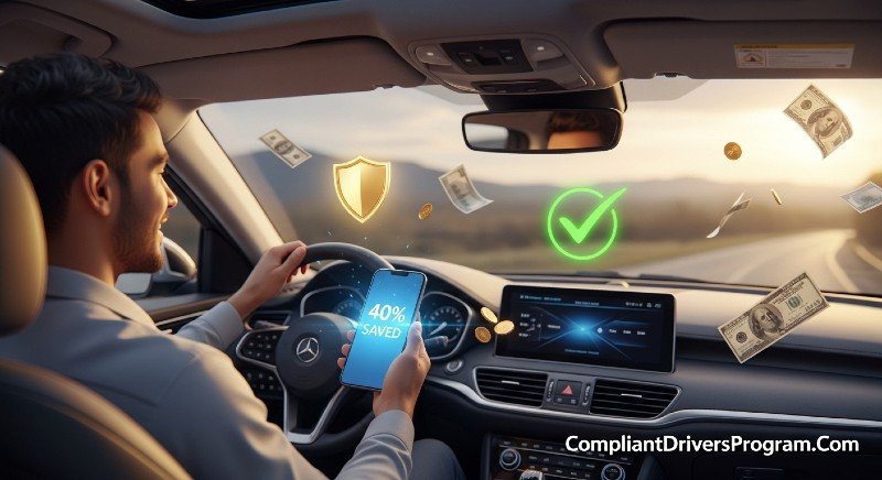Happy driver celebrating safe driver discount savings of 40% on car insurance in 2026 with golden shield and money floating in modern car interior