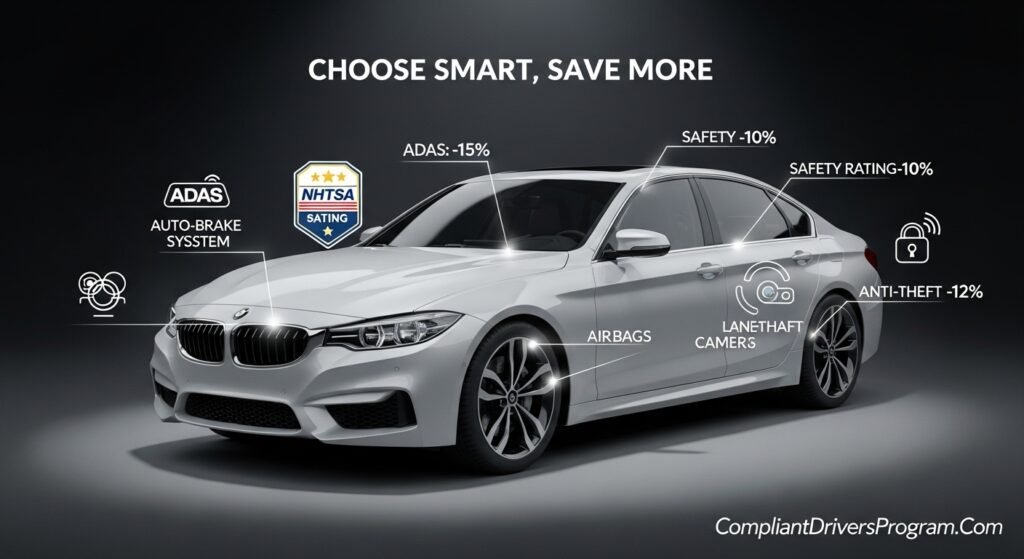 Modern sedan with safety features highlighted including ADAS auto brake and 5-star rating showing insurance discounts