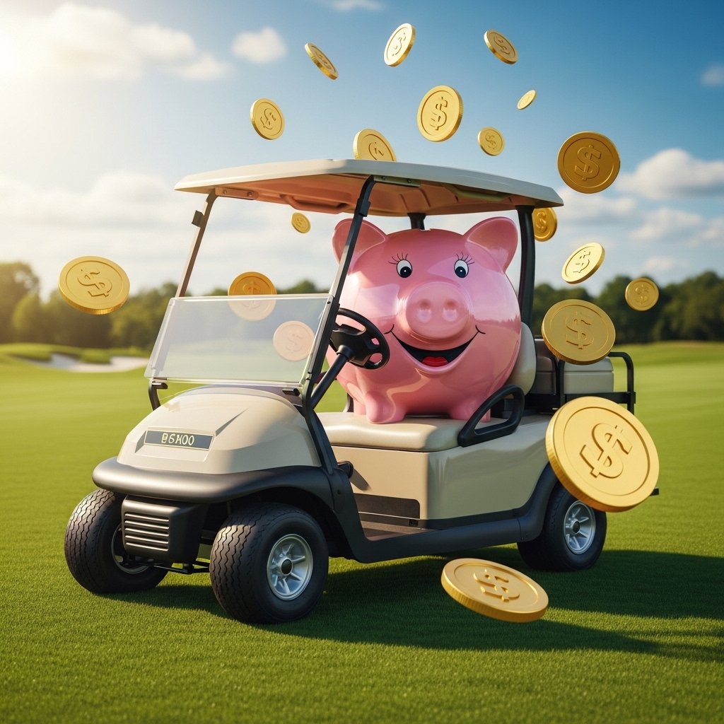 Piggy bank in golf cart representing insurance savings tips - CompliantDriversProgram.Com