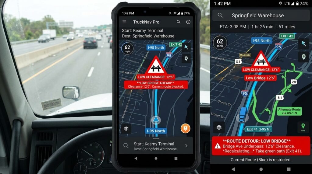 Truck GPS app showing truck routing with low bridge warning for commercial drivers