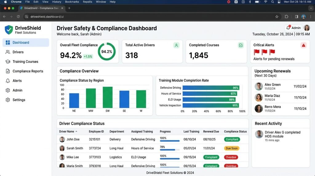 Online Compliant Drivers Program certification course dashboard showing training modules