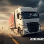 Semi truck battling dangerous high winds on highway with debris flying and storm clouds overhead