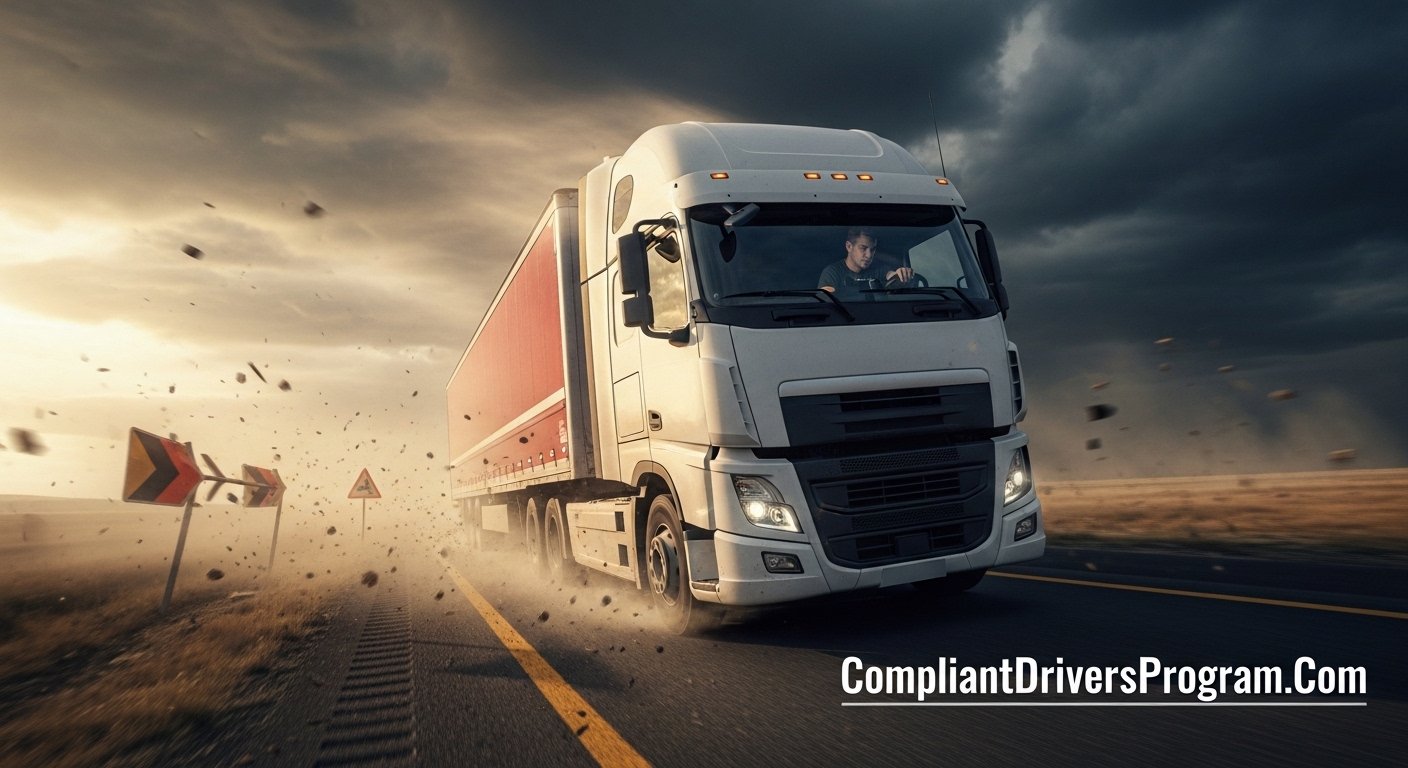 Semi truck battling dangerous high winds on highway with debris flying and storm clouds overhead
