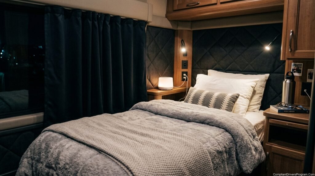 Comfortable truck sleeper berth interior optimized for quality rest during restart