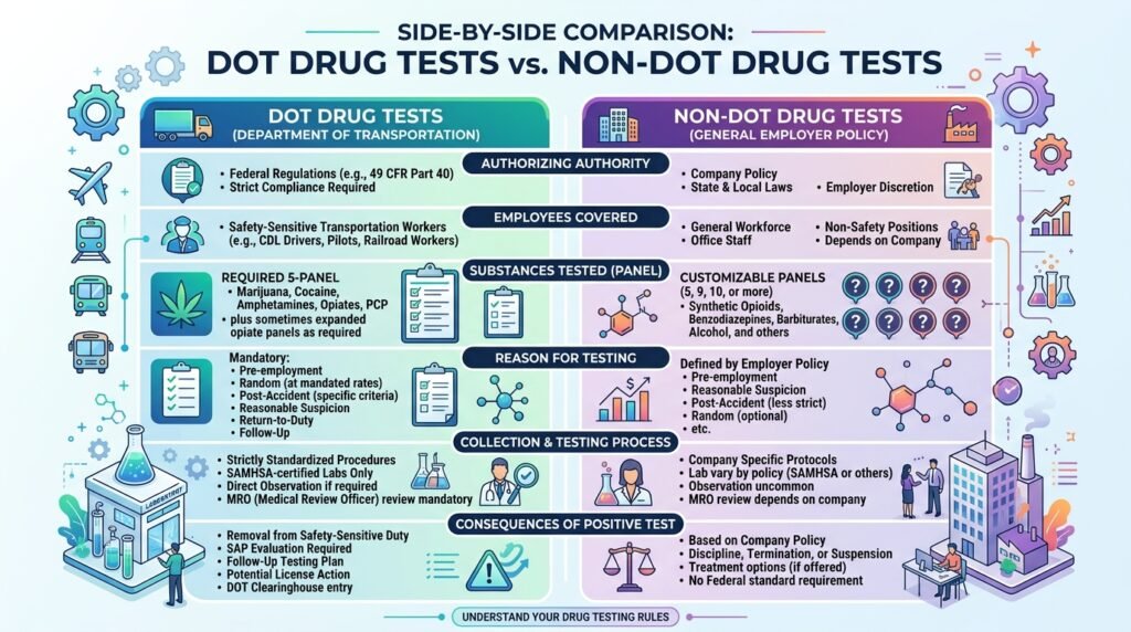 DOT drug test vs non-DOT drug test comparison chart for CDL drivers
