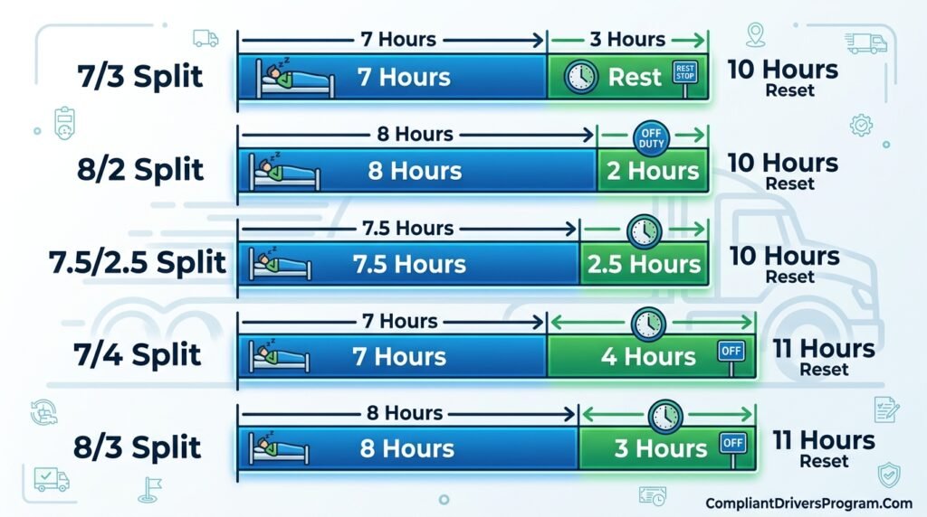 Comparison chart showing different sleeper berth split time combinations for truck drivers