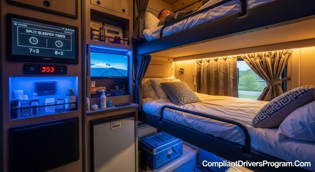 Modern semi-truck sleeper berth interior with comfortable bedding and split time display
