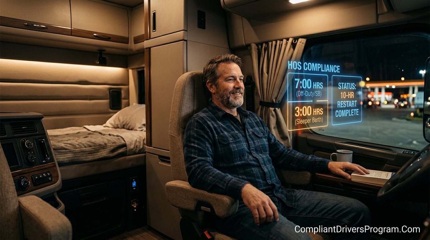 Truck driver resting in sleeper berth cabin demonstrating split time rest period rules