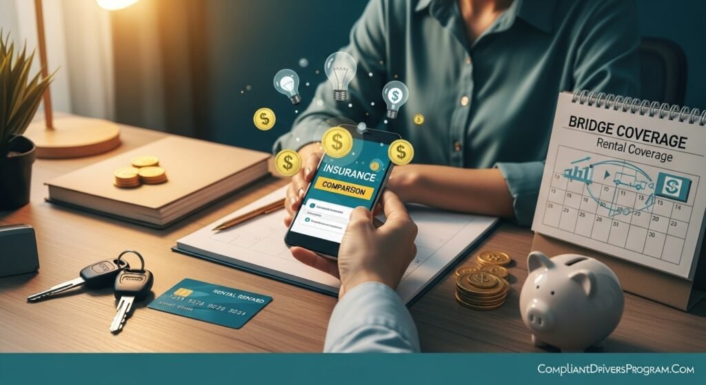 Person using smartphone to compare non-owner insurance quotes with money-saving strategies and credit card rental coverage