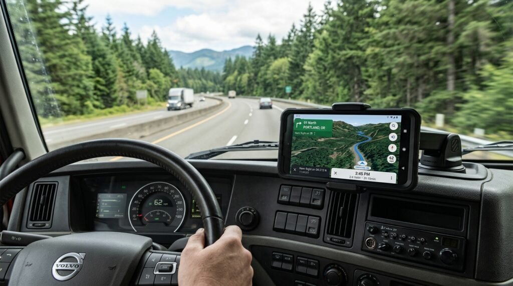 Truck GPS app showing commercial vehicle route on a dashboard mount