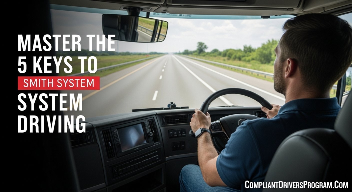 Professional truck driver demonstrating Smith System defensive driving techniques in modern semi-truck