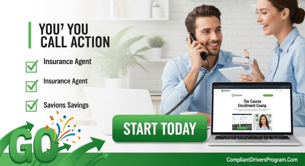 Call to action image showing person calling insurance agent and enrolling in defensive driving course with start today button