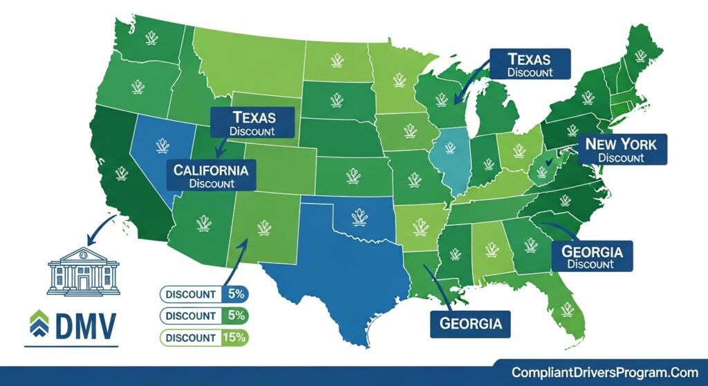USA map showing state specific defensive driving discount rules and percentages for California Texas Florida New York Georgia Arizona